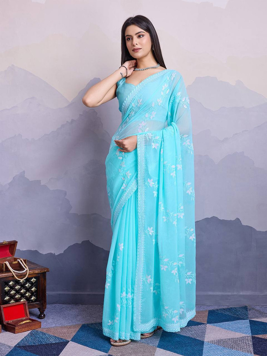 Firozi Simmer Chiffon Handwoven Festival Wedding Classic Style Saree