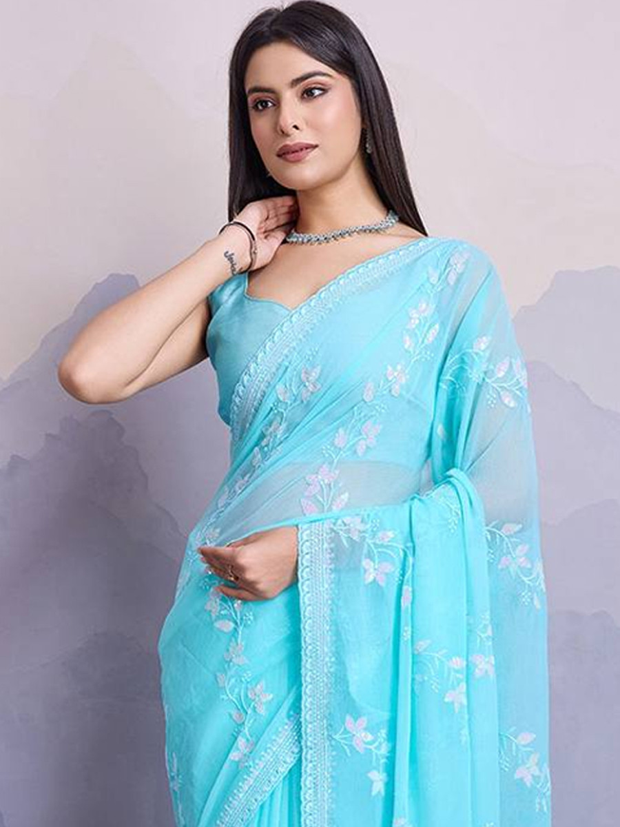 Firozi Simmer Chiffon Handwoven Festival Wedding Classic Style Saree