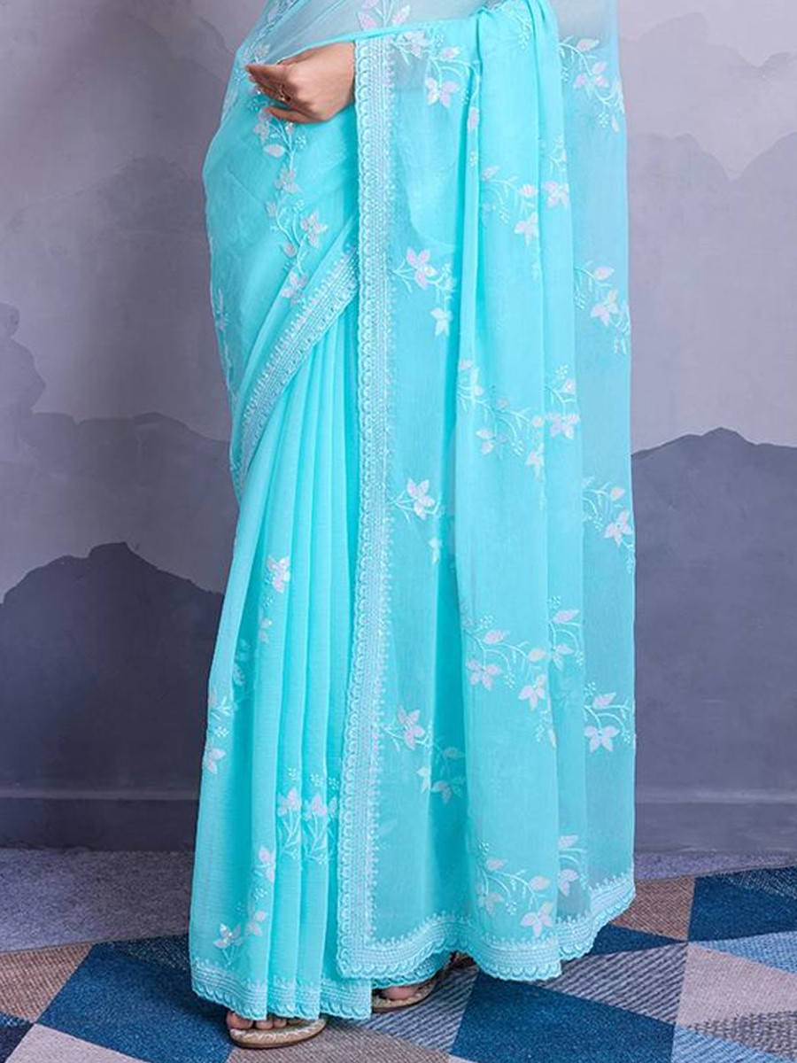 Firozi Simmer Chiffon Handwoven Festival Wedding Classic Style Saree