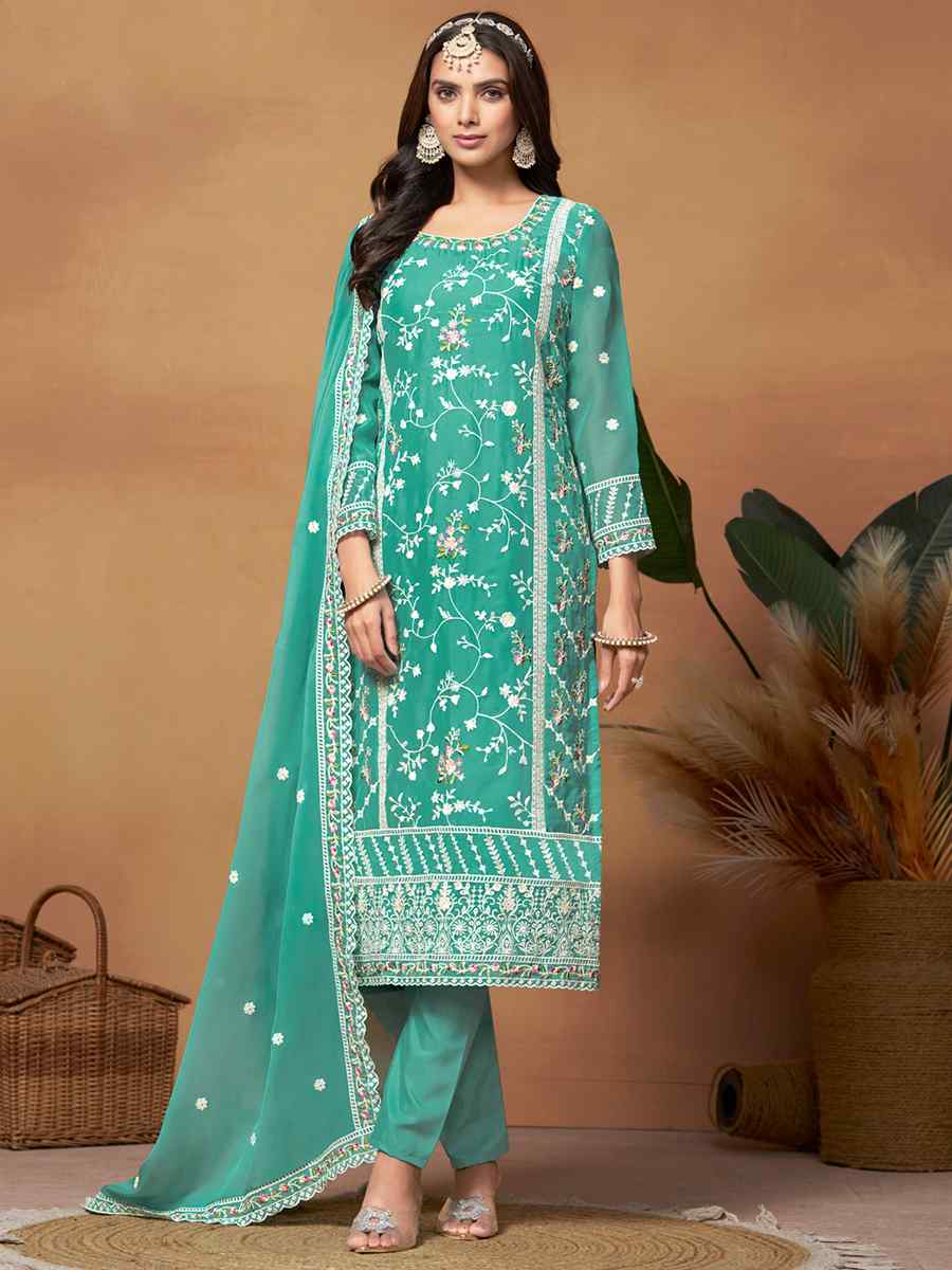 Firozi Soft Organza Embroidered Festival Mehendi Pant Salwar Kameez