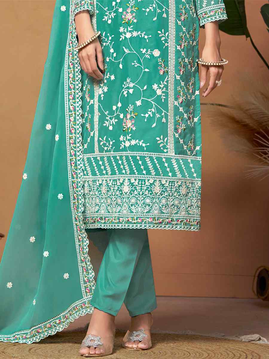 Firozi Soft Organza Embroidered Festival Mehendi Pant Salwar Kameez