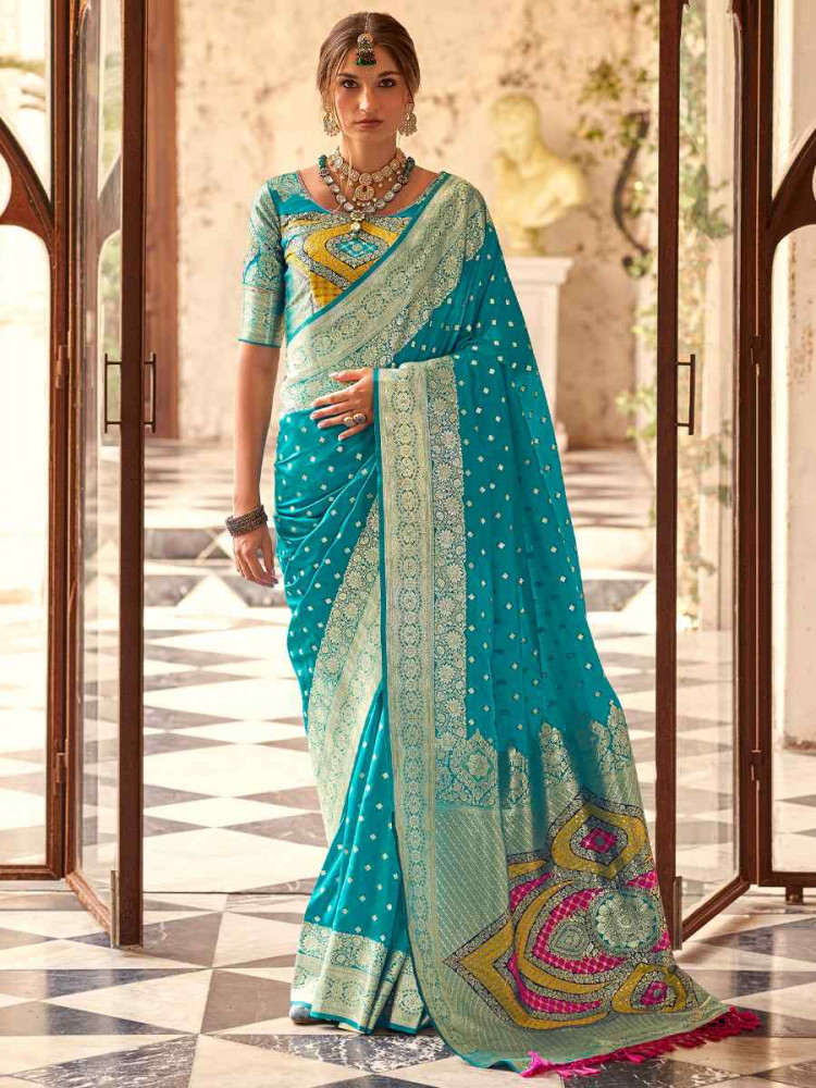 Firozi Soft Silk Handwoven Festival Wedding Heavy Border Saree