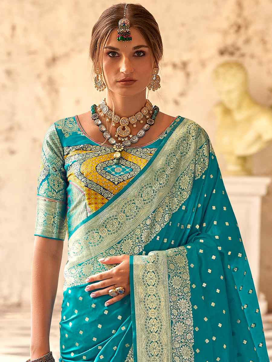 Firozi Soft Silk Handwoven Festival Wedding Heavy Border Saree