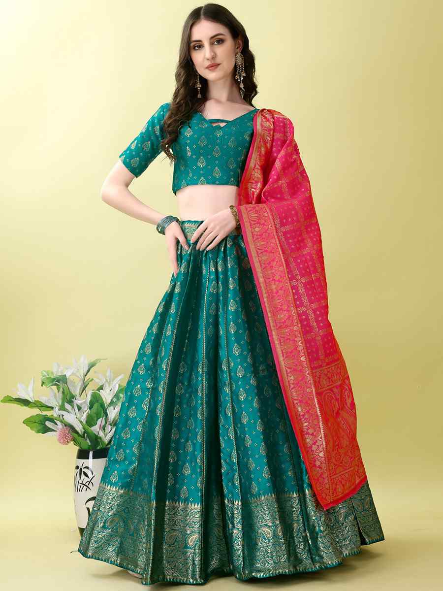 Firozi Soft Silk Jacquard Embroidery Bridesmaid Wedding Heavy Border Lehenga Choli