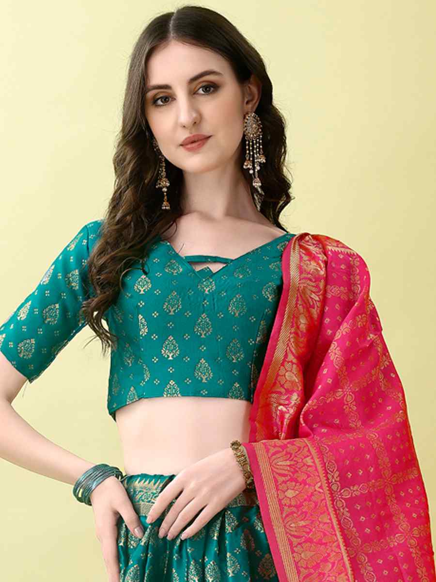 Firozi Soft Silk Jacquard Embroidery Bridesmaid Wedding Heavy Border Lehenga Choli