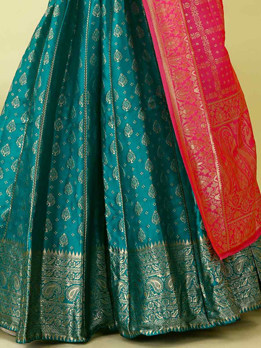 Firozi Soft Silk Jacquard Embroidery Bridesmaid Wedding Heavy Border Lehenga Choli