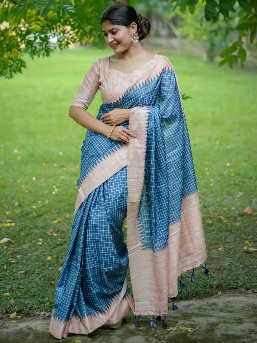 Firozi Soft Tussar Silk Handwoven Festival Casual Classic Style Saree