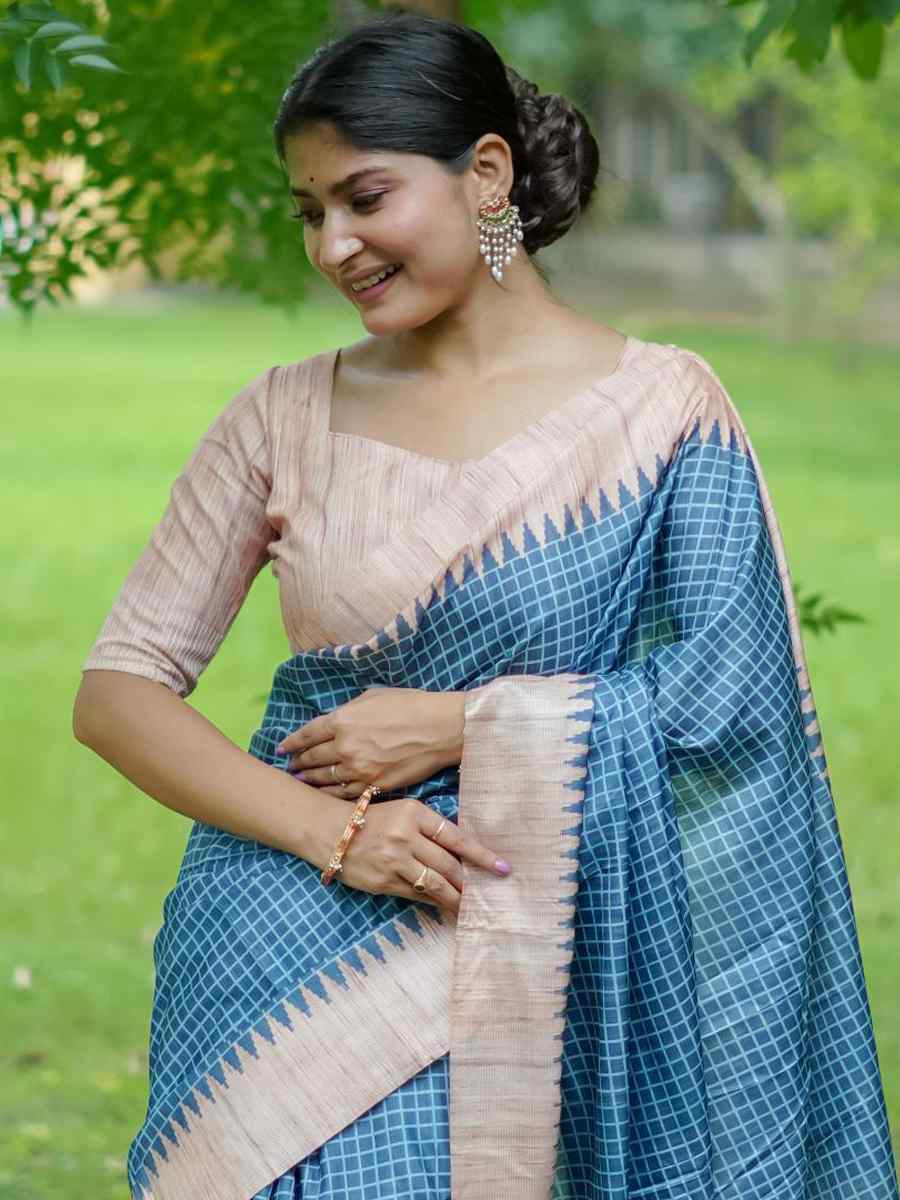 Firozi Soft Tussar Silk Handwoven Festival Casual Classic Style Saree