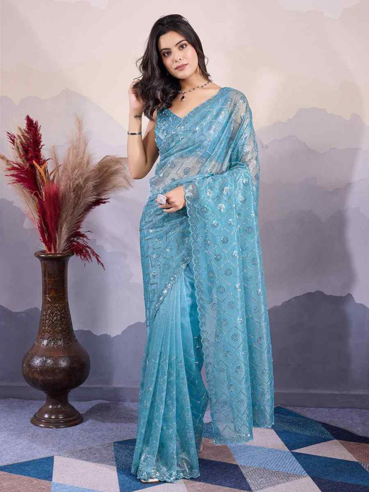 Firozi Twill Net Handwoven Festival Wedding Heavy Border Saree