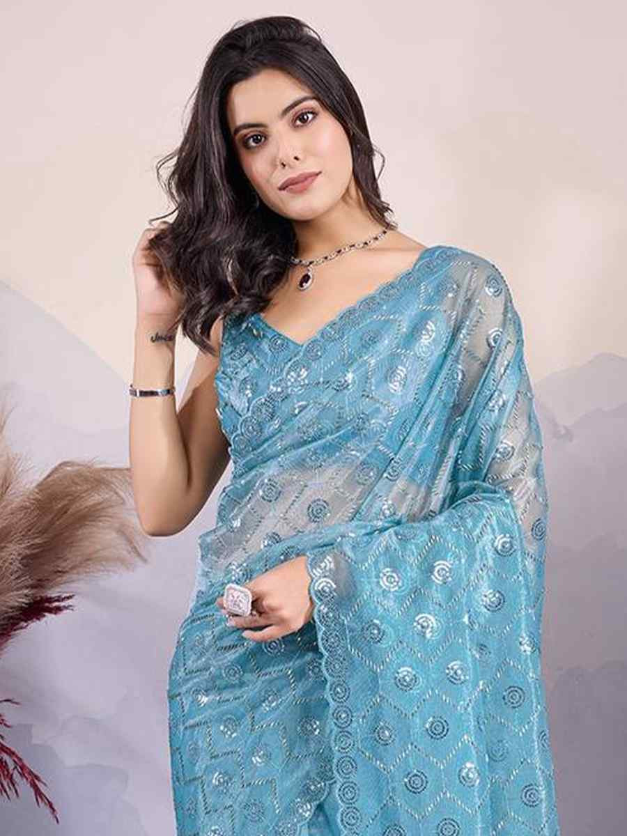 Firozi Twill Net Handwoven Festival Wedding Heavy Border Saree