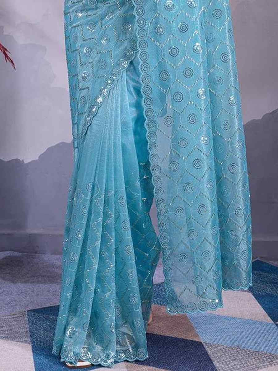 Firozi Twill Net Handwoven Festival Wedding Heavy Border Saree