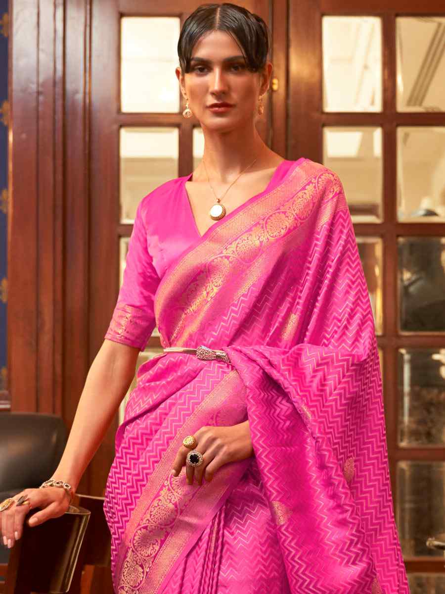 Fuschia Pink Pure Satin Silk Handwoven Wedding Festival Classic Style Saree