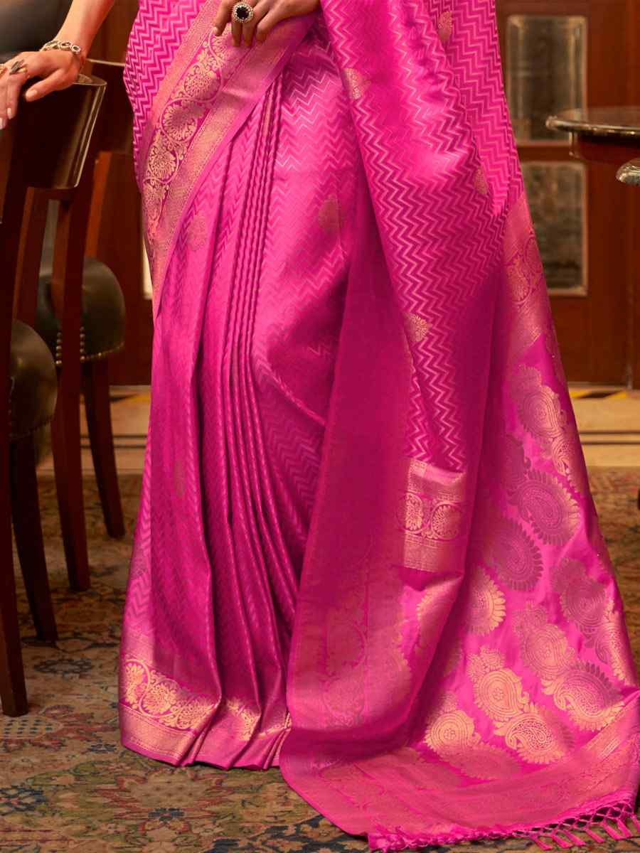 Fuschia Pink Pure Satin Silk Handwoven Wedding Festival Classic Style Saree