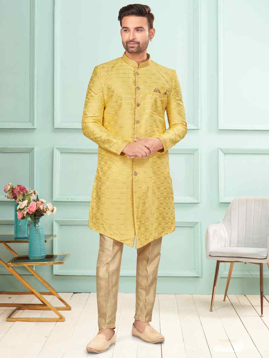 Gold Art Silk Embroidered Festival Wedding Kurta