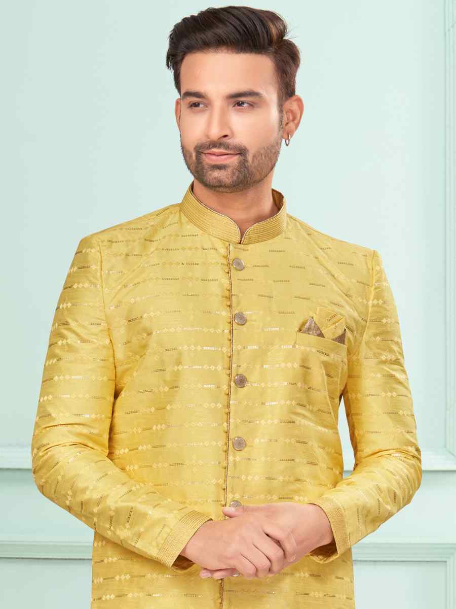 Gold Art Silk Embroidered Festival Wedding Kurta