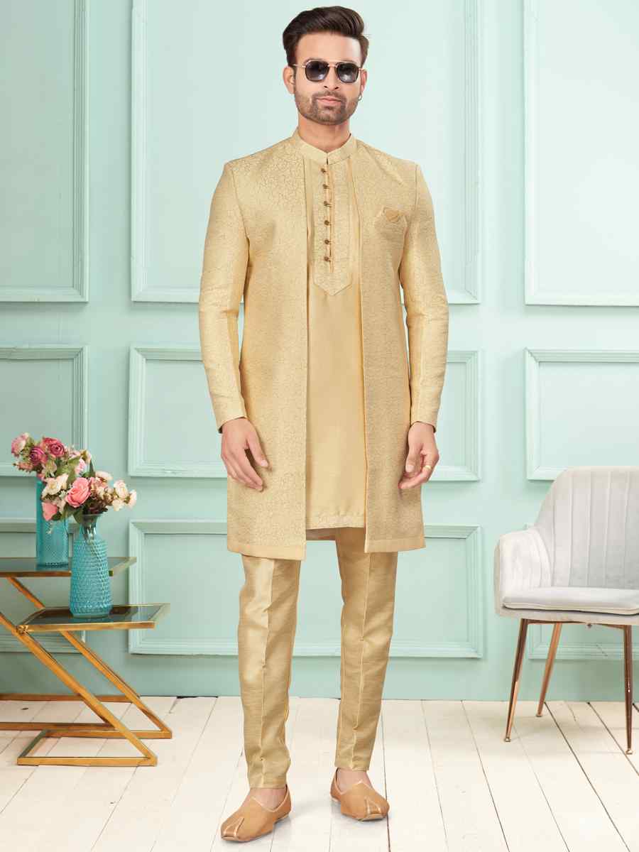 Gold Art Silk Embroidered Festival Wedding Kurta