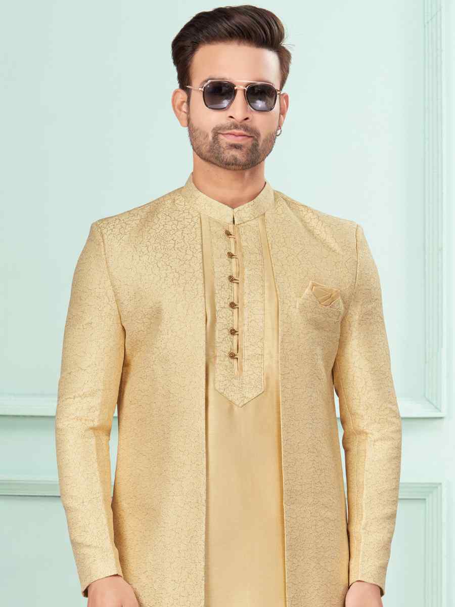 Gold Art Silk Embroidered Festival Wedding Kurta