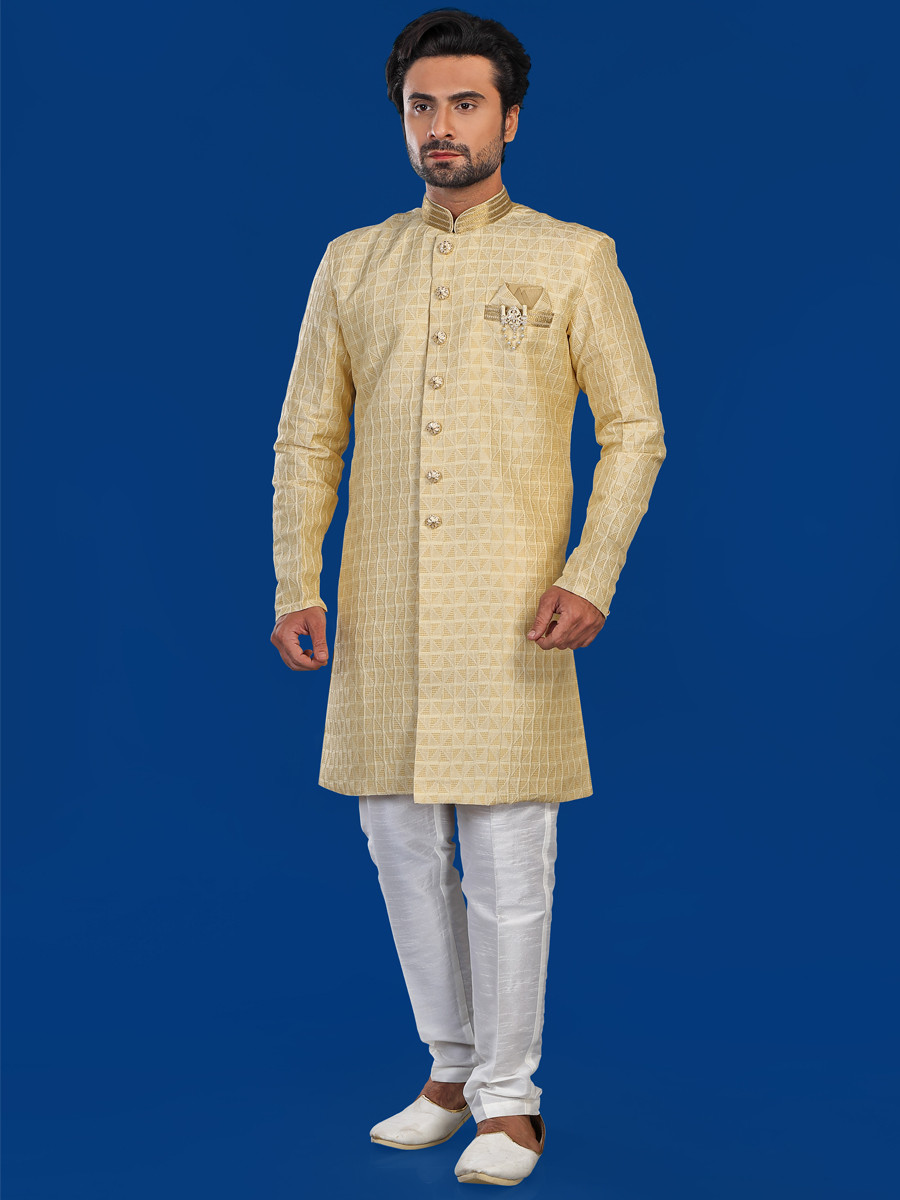 Gold Art Silk Embroidered Party Wedding Kurta