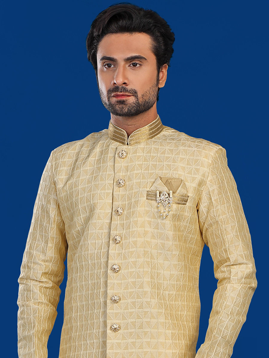 Gold Art Silk Embroidered Party Wedding Kurta