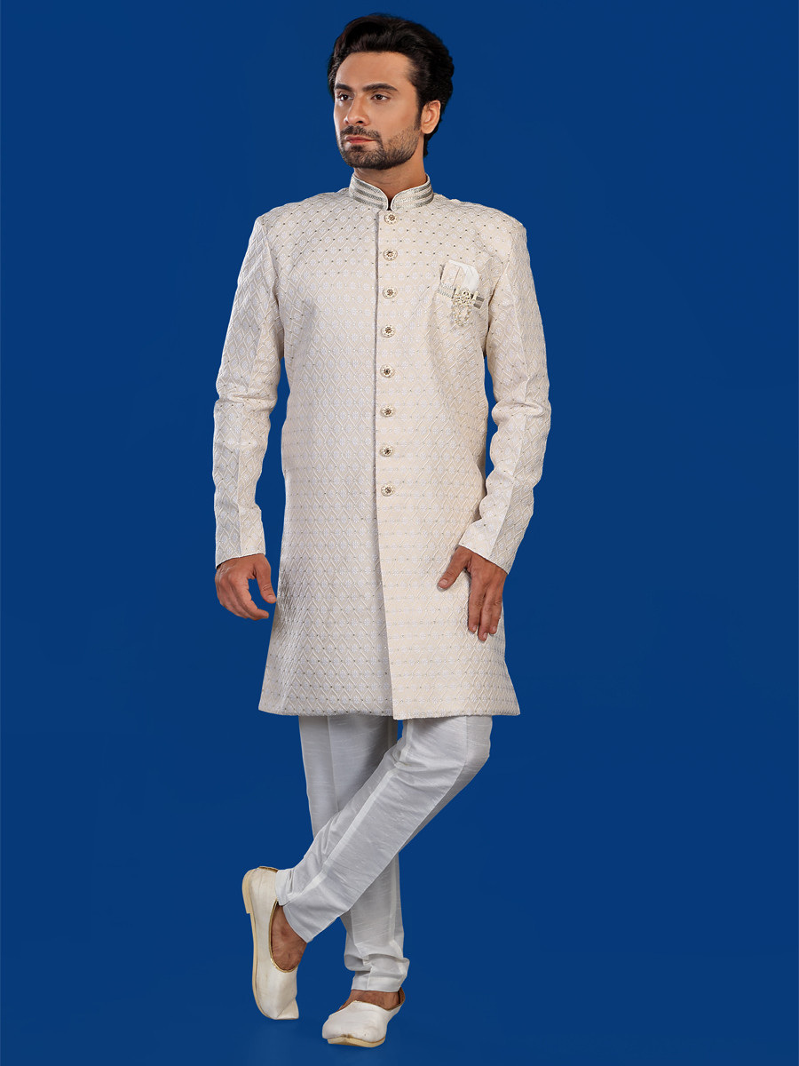 Gold Art Silk Embroidered Party Wedding Kurta