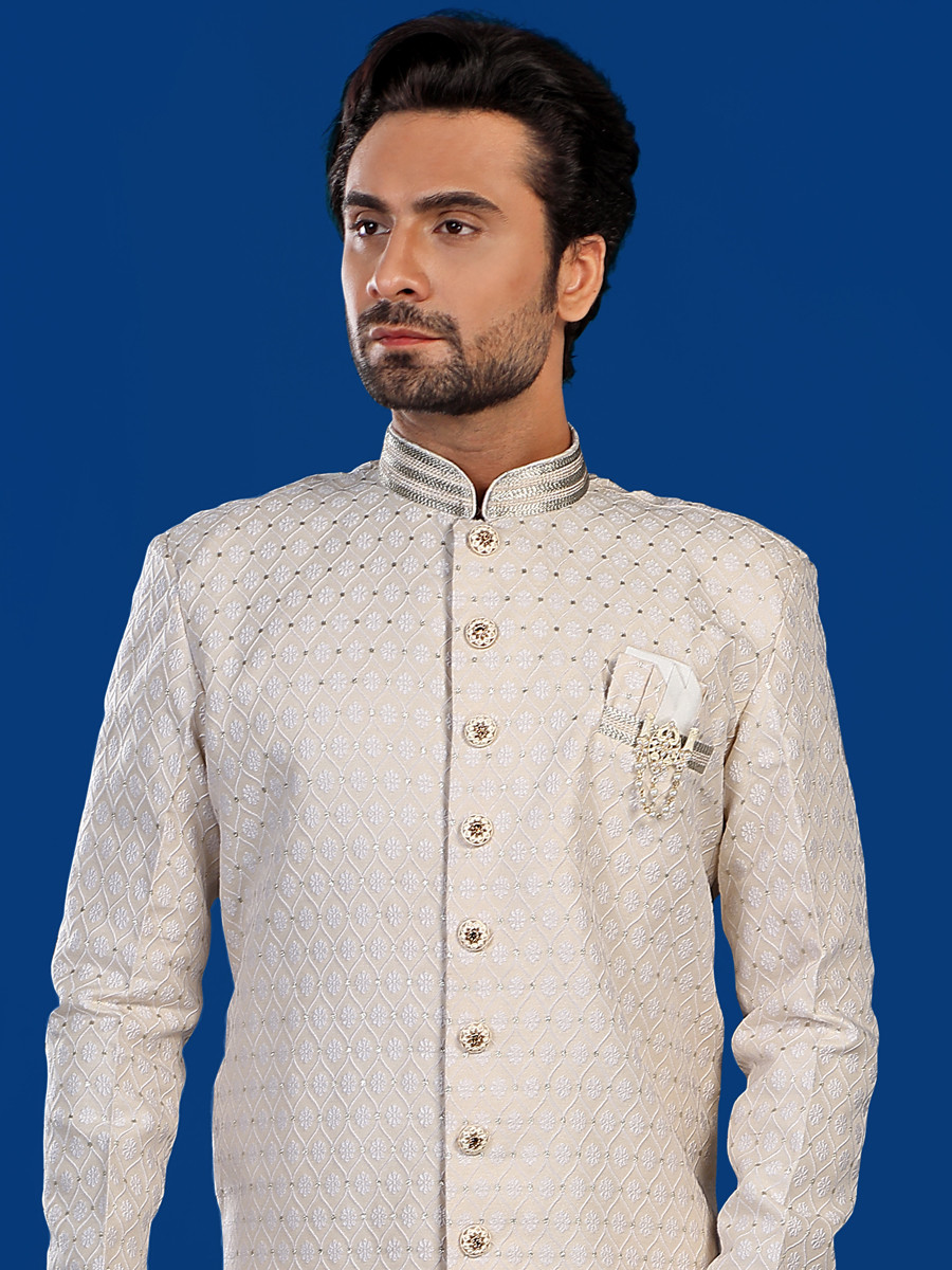 Gold Art Silk Embroidered Party Wedding Kurta