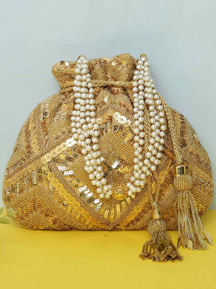 Gold Art Silk Party Wear Embroidered Clutches