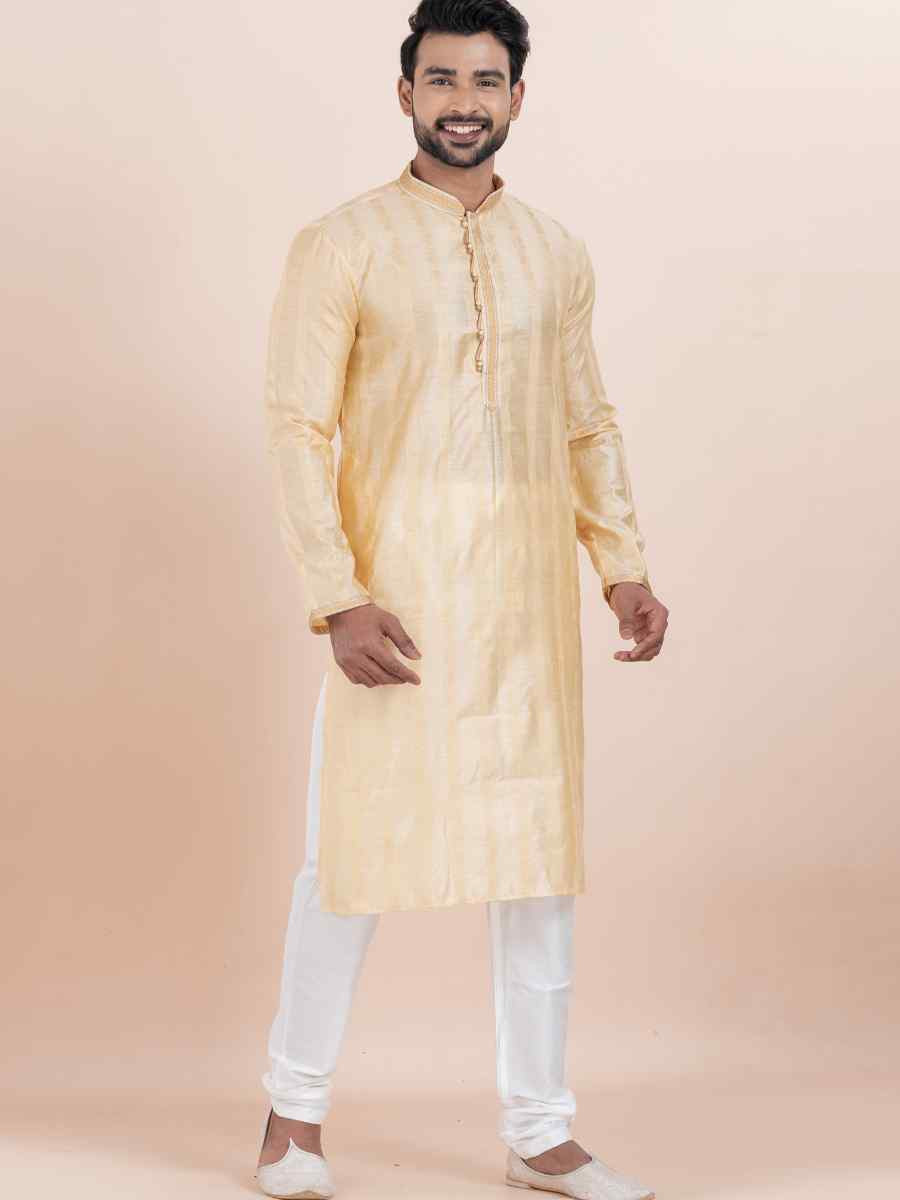 Gold Cotton Silk Jacquard Embroidered Festival Wedding Kurta Pyjama Men's Wear