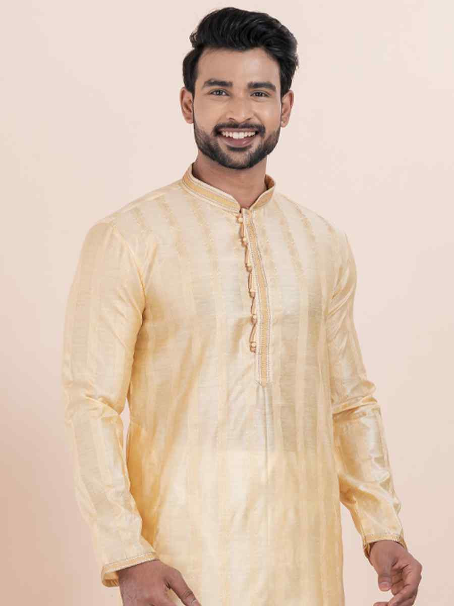 Gold Cotton Silk Jacquard Embroidered Festival Wedding Kurta Pyjama Men's Wear