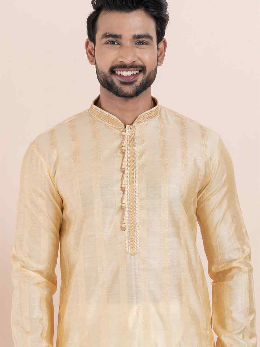 Gold Cotton Silk Jacquard Embroidered Festival Wedding Kurta Pyjama Men's Wear