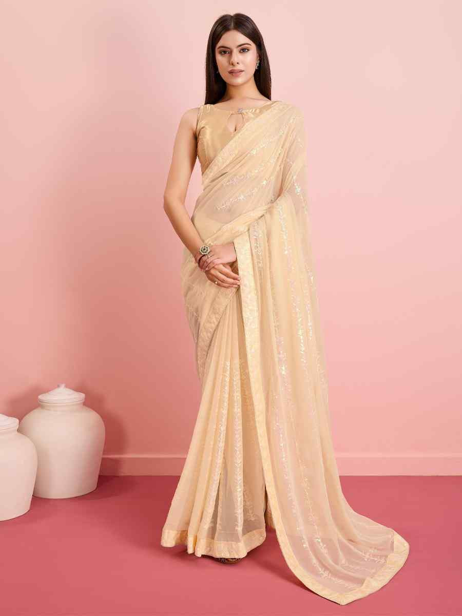 Gold Georgette Embroidered Festival Party Classic Style Saree