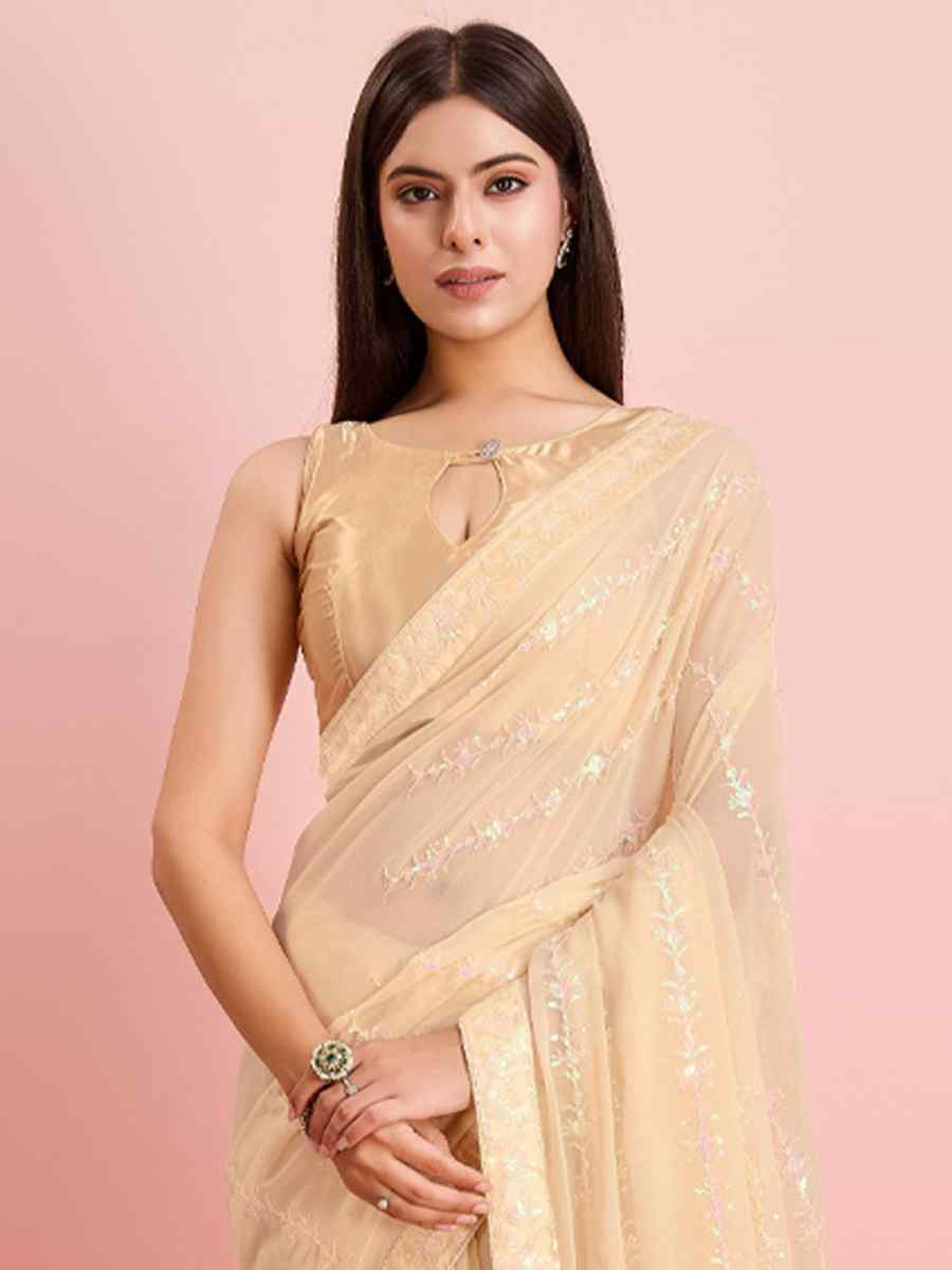 Gold Georgette Embroidered Festival Party Classic Style Saree