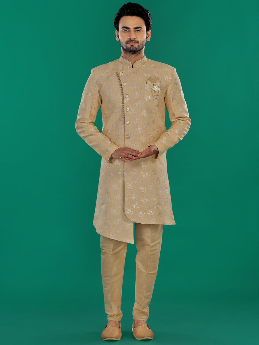 Gold Jacquard Silk Brocade Embroidered Party Wedding Kurta