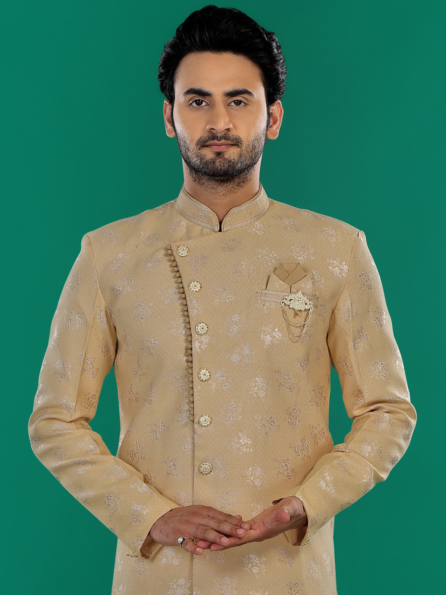 Gold Jacquard Silk Brocade Embroidered Party Wedding Kurta