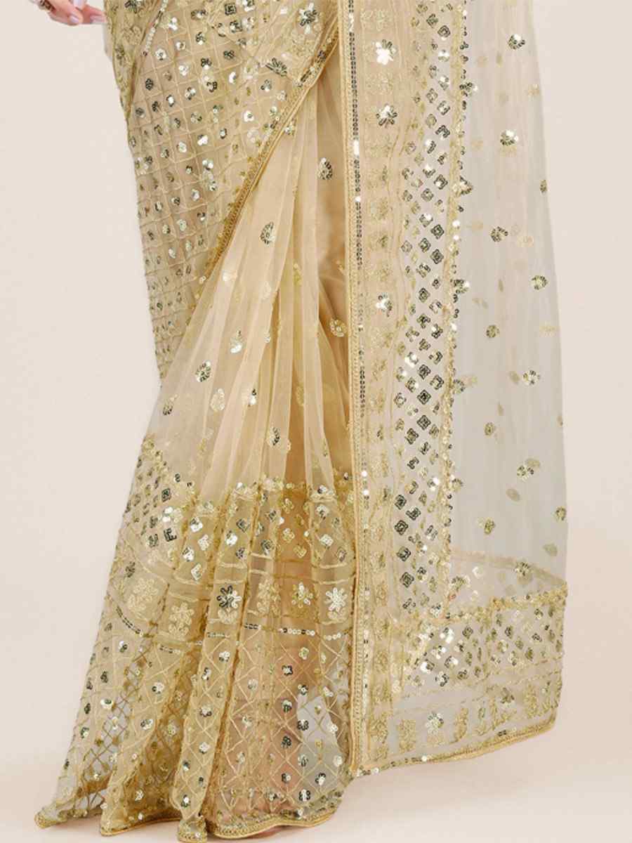 Gold Net Embroidered Party Festival Heavy Border Saree