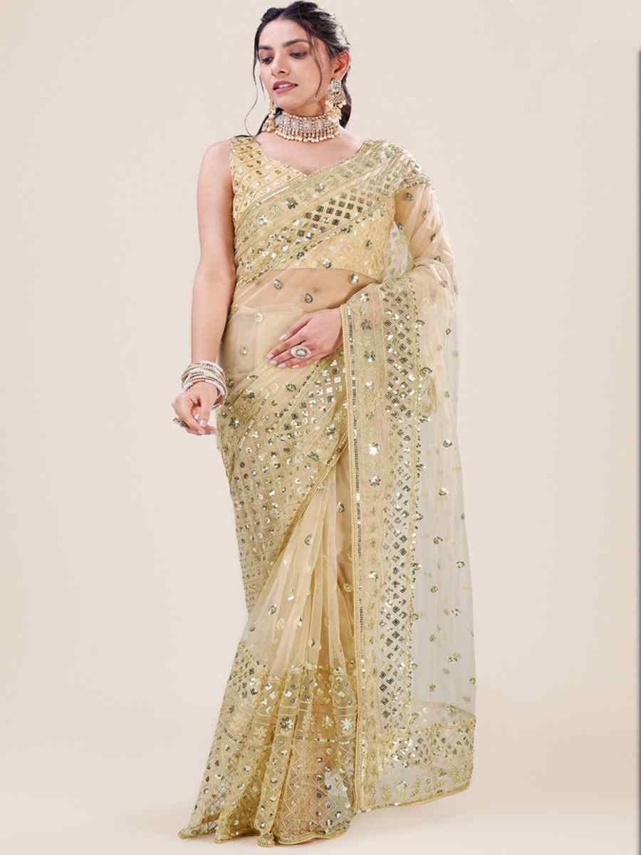 Gold Net Embroidered Party Festival Heavy Border Saree