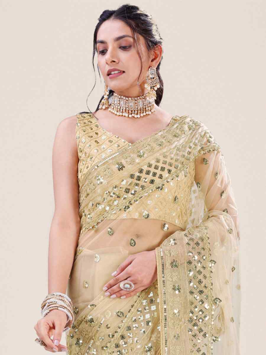 Gold Net Embroidered Party Festival Heavy Border Saree