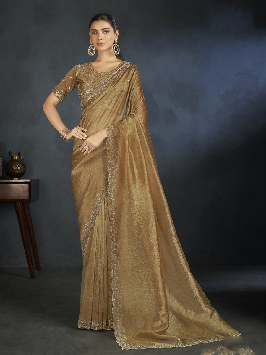 Gold Organza Handwoven Festival Wedding Heavy Border Saree