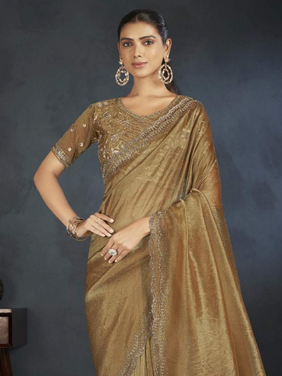 Gold Organza Handwoven Festival Wedding Heavy Border Saree