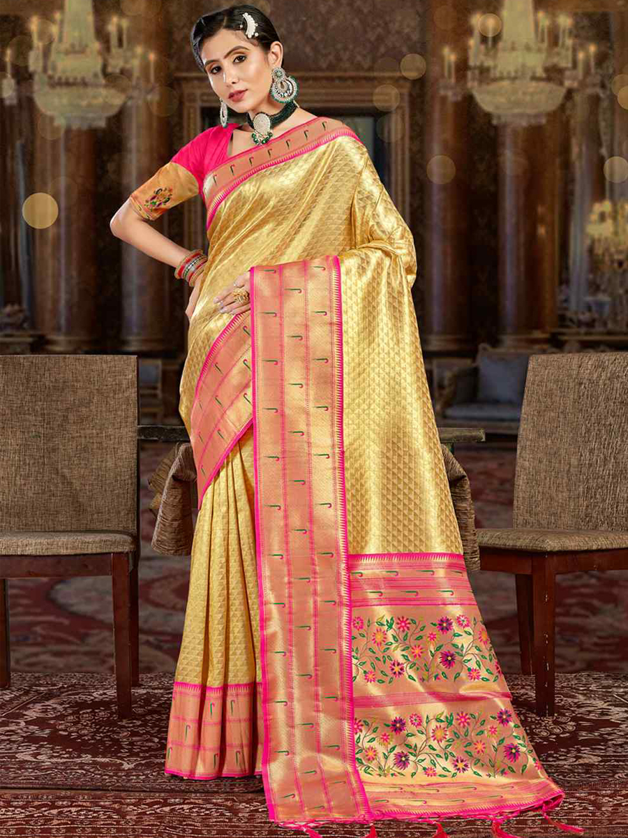 Gold Paithani Silk Handwoven Wedding Festival Heavy Border Saree