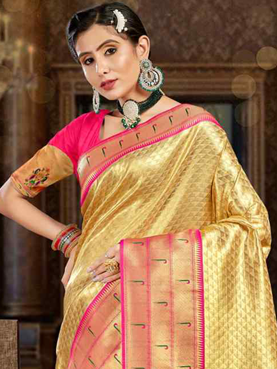 Gold Paithani Silk Handwoven Wedding Festival Heavy Border Saree