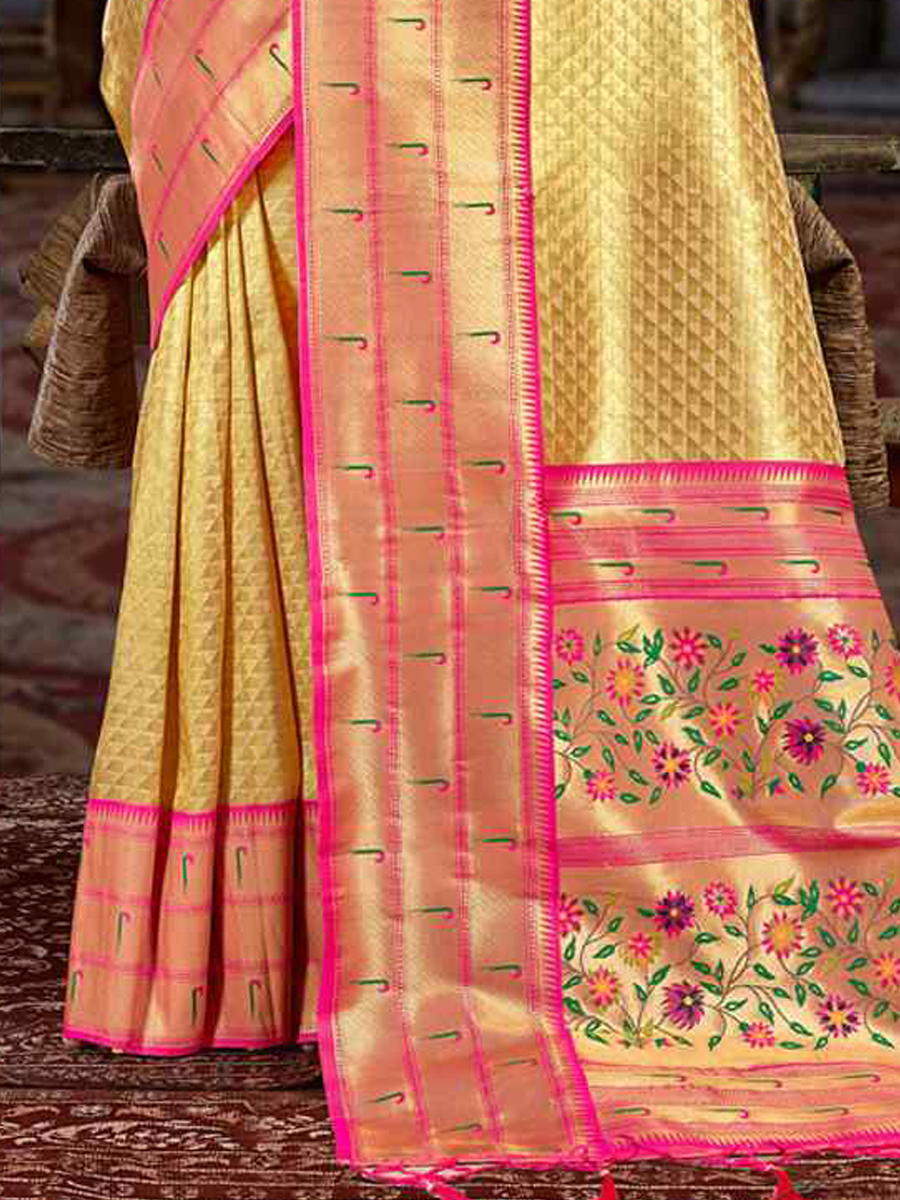 Gold Paithani Silk Handwoven Wedding Festival Heavy Border Saree