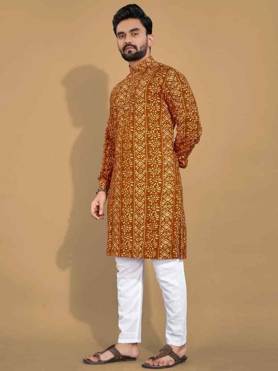 Gold Premium Soft Cotton Printed Festival Casual Kurta