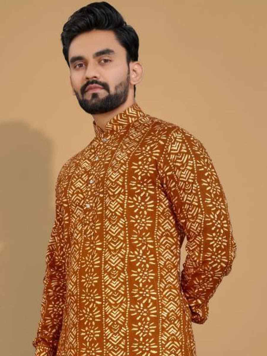 Gold Premium Soft Cotton Printed Festival Casual Kurta