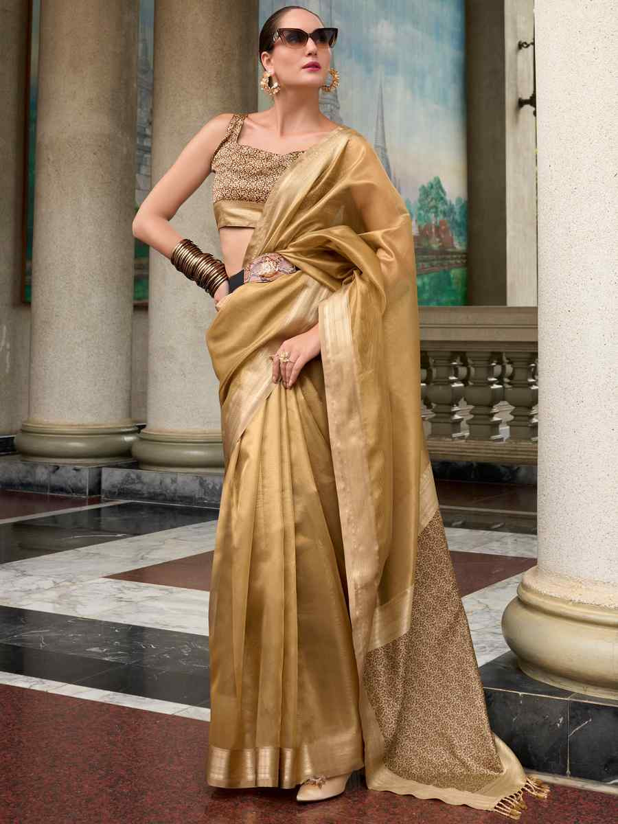 Gold Pure Tisshue Silk Handwoven Festival Wedding Heavy Border Saree