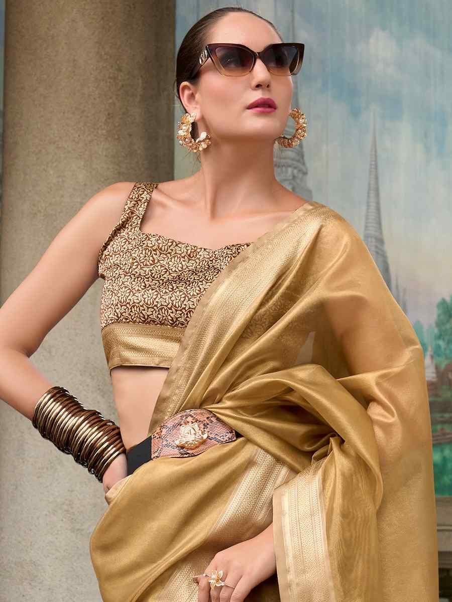 Gold Pure Tisshue Silk Handwoven Festival Wedding Heavy Border Saree