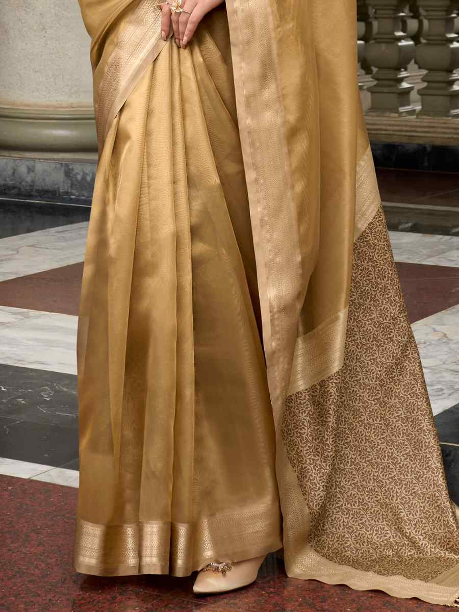 Gold Pure Tisshue Silk Handwoven Festival Wedding Heavy Border Saree