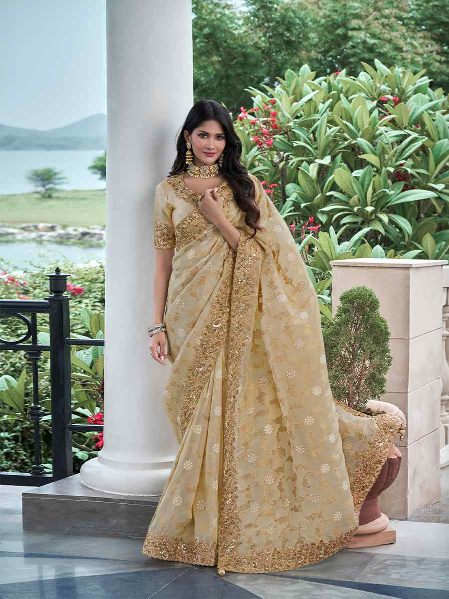 Gold Pure Tissue Silk Embroidered Reception Wedding Heavy Border Saree