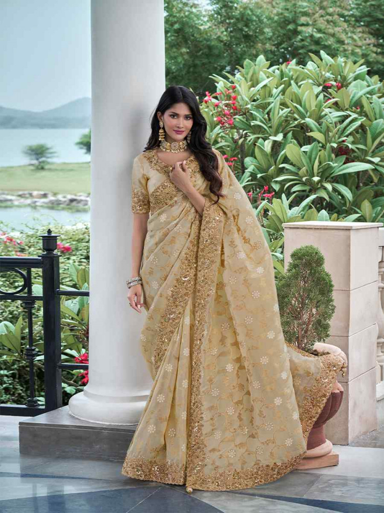 Gold Pure Tissue Silk Embroidered Reception Wedding Heavy Border Saree