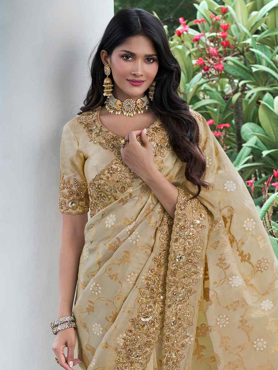 Gold Pure Tissue Silk Embroidered Reception Wedding Heavy Border Saree