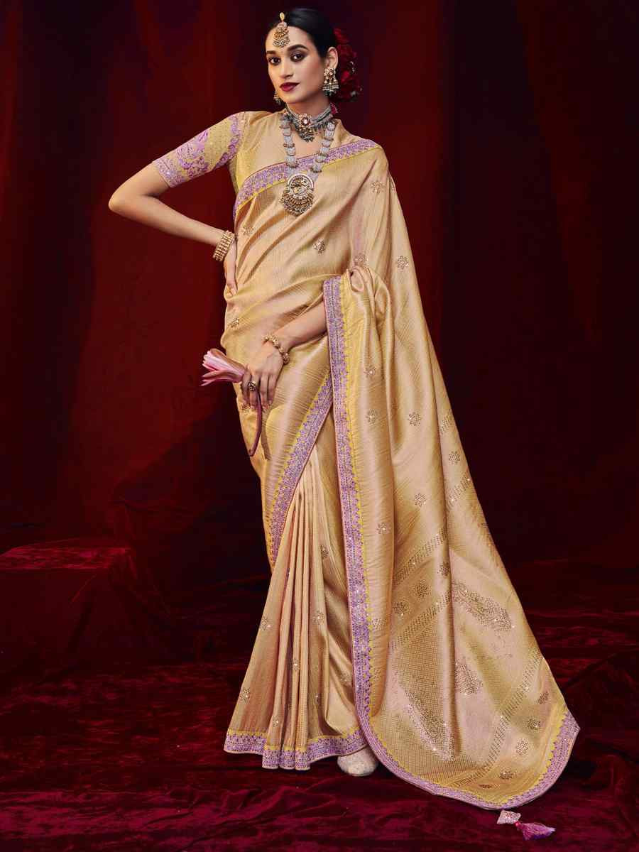 Gold Silk Embroidered Reception Wedding Heavy Border Saree